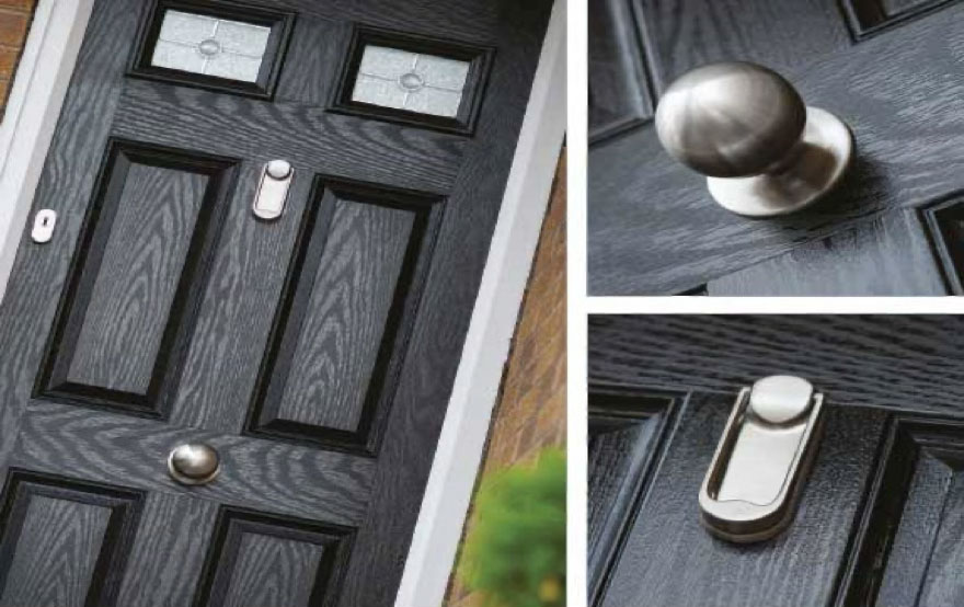 composite door handles, pull bars, knockers and letterplates in black and stainless steel